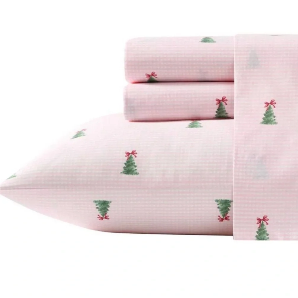 HTF Pink Gingham 4 Pc Laura Ashley Queen Trees & Pink Bows Sheets Viral Style